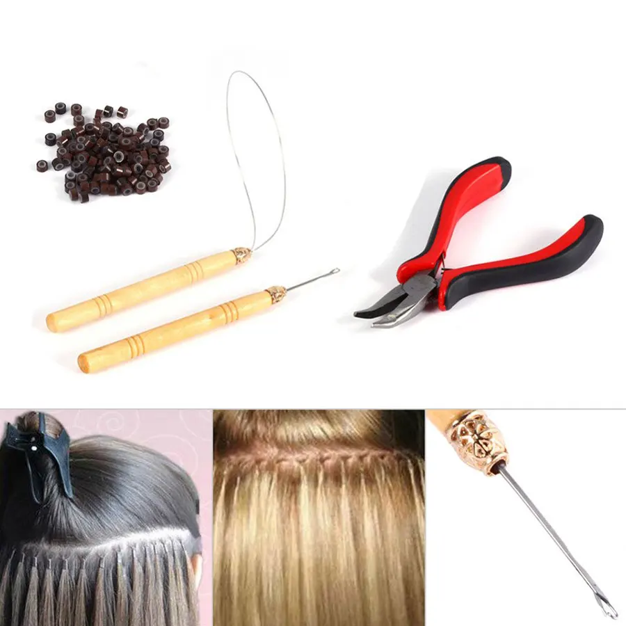 

1Pc Plier +1Pc Pulling Needle+1Pc Ring Needle +200Pcs Silicone Micro Rings Beads Hair Extensions Tool Set Makeup kits