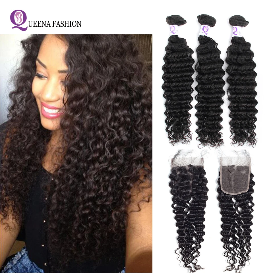 Queena Fashion Raw Indian Deep Wave Bundles With Closure Natural Black