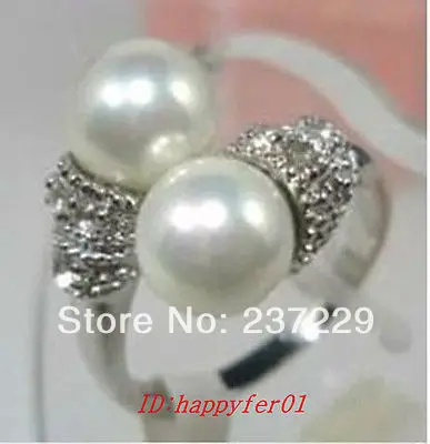 Hot sell -&gt@@ Wholesale price S ^^^^Chic Real White Shell Pearl 2 Beads Silver Crystal Women's Jewelry Ring Size: 7 -Top quality |