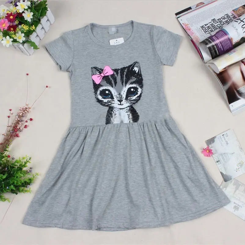 Летнее платье с принтом котенка для маленьких девочек цельнокроеное платье с короткими рукавами От 1 до 8 лет