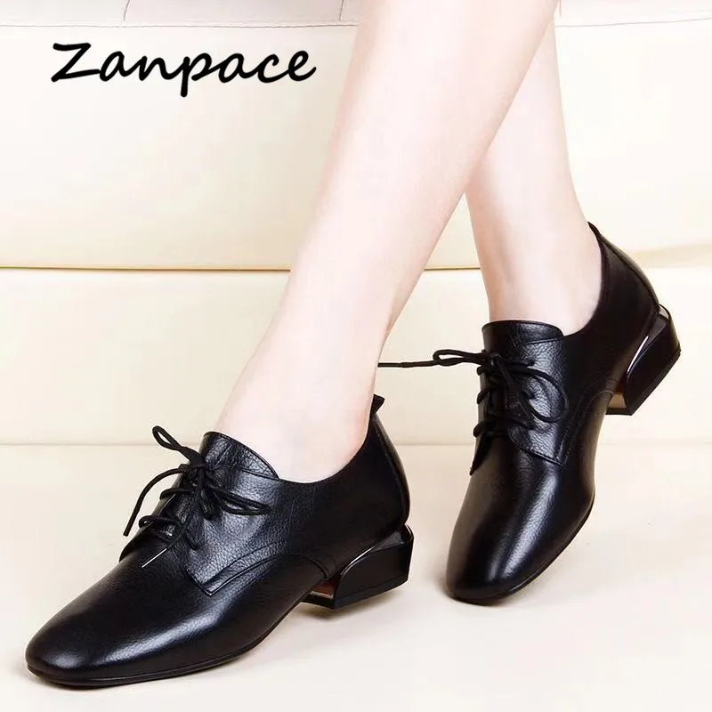 Zanpace Spring Women Boots 2019 Leather Ankle Boots High Heels Autumn Women Shoes Casual Flat with Boots Square Toe Black Boots