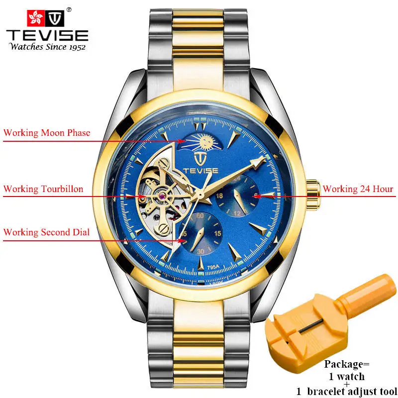 Автоматические часы TEVISE с турбийоном, хронографом из нержавеющей стали, серебристые Мужские механические часы, мужские часы 795A с инструментом - Цвет: silver gold blue