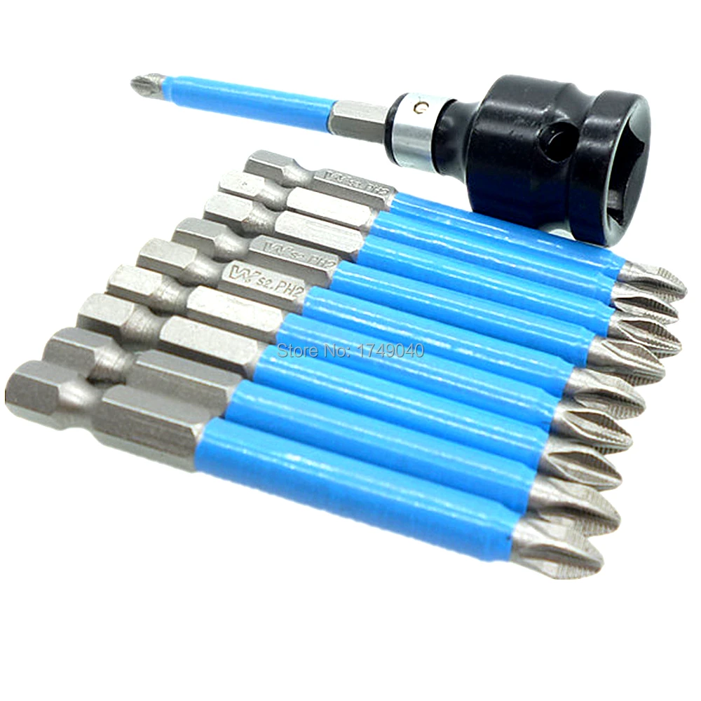 

PH2 Screwdriver Bits 10pcs Set 70mm 1/4" Hex Shank Phillips Magnetic Tip Single Side Screw Driver Bit W/Impact Socket Adaptor