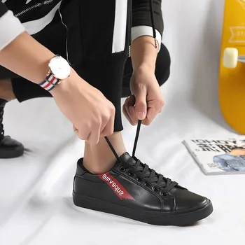 

Autumn Fashion Shoes Men 2018 All Black Flats Microfiber Sneakers Man Shoes Casual Lace Up Students All Match Shoes Size 39-44