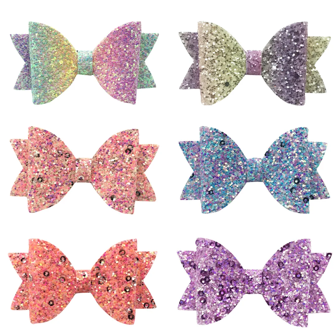 

12pcs Glitter Layered Hair Bow for Girl Rainbow Mermaid Sequins Hair Clips Children Hairbow Gift Cute Hairgrip Accessories