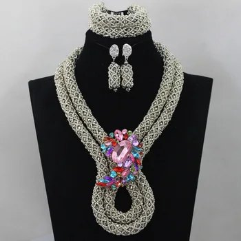 

New Indian Bridal Necklace Jewelry Set Silver Handmade African Party Nigerian Costume Crystal Beads Jewelry Set Free Ship ALJ927