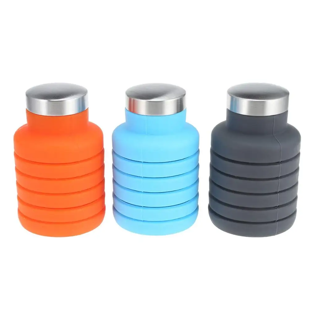 

500ML Silicone Water Bottle with Stainless Steel Cover Folding Coffee Bottle Outdoor Travel Drinking Collapsible Sport Kettle