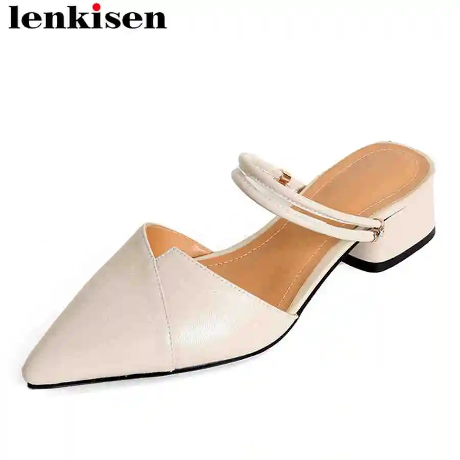

Lenkisen office lady mules natural leather solid pointed toe slingback slip on med heels European style party woman sandals L07