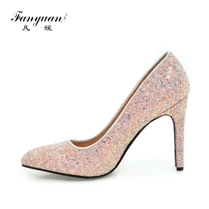 

fanyuan glitter bling woman wedding heels fancy thin high pumps women wedding bridal party prom dress shoes plus size 42 43