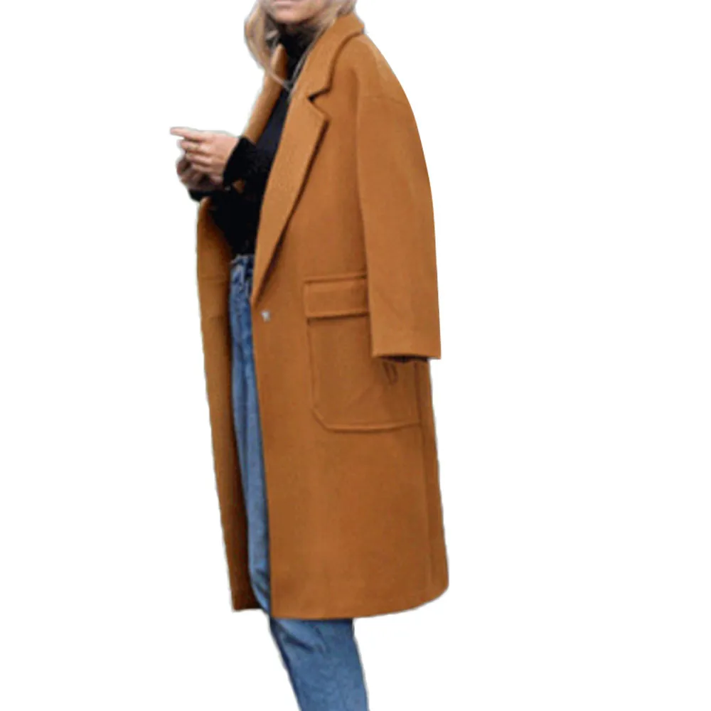 

2019 Autumn Winter New Womens Winter Lapel Wool Coat Trench Jacket Big Pocket Overcoat Slim Fit Body Puls size Outwear