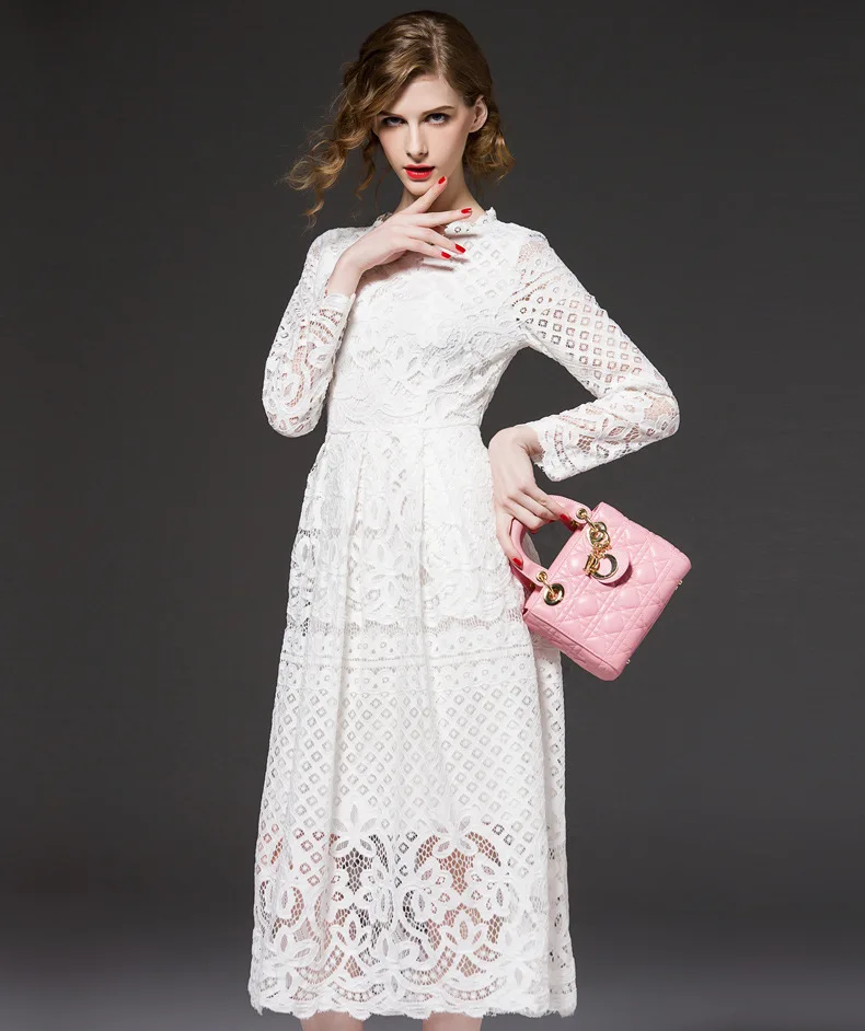 Elegant Floral Lace Women Dresses Long slim Sleeve White Mid-calf Dress High Quality Party Runway Dress Women's dress long-white-lace-dress