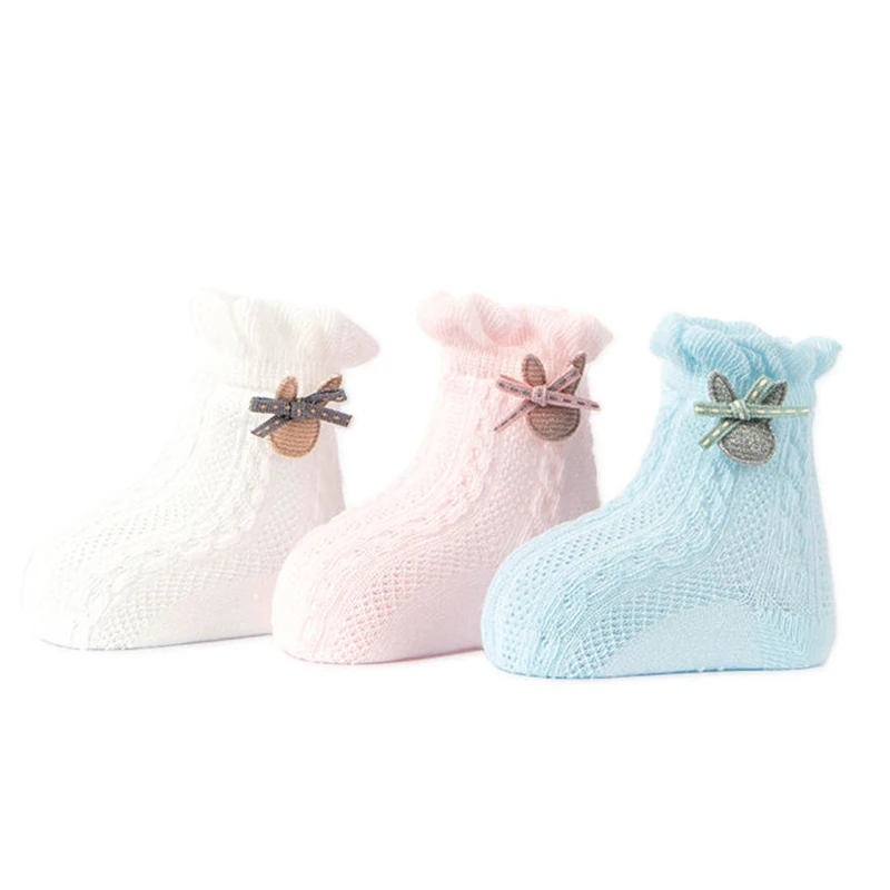 

3 Pairs Baby Embroidery Non-Slip Socks 0-3y Newborn Soft Summer Boys Girls Cartoon Mesh Breathable Bow Thin Socks High Quality