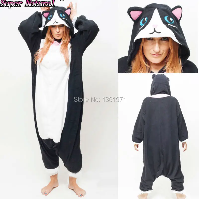 

HKSNG Girls Winter Polar Warm Animal Black Cat Pajamas Onesies For Adult Party Cosplay Halloween Costume Pyjamas