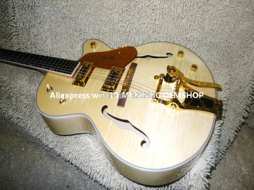 

Wholesale Newest Natural Jazz Guitar Flame Top Gold Hardware ONE Piece Neck Guitars