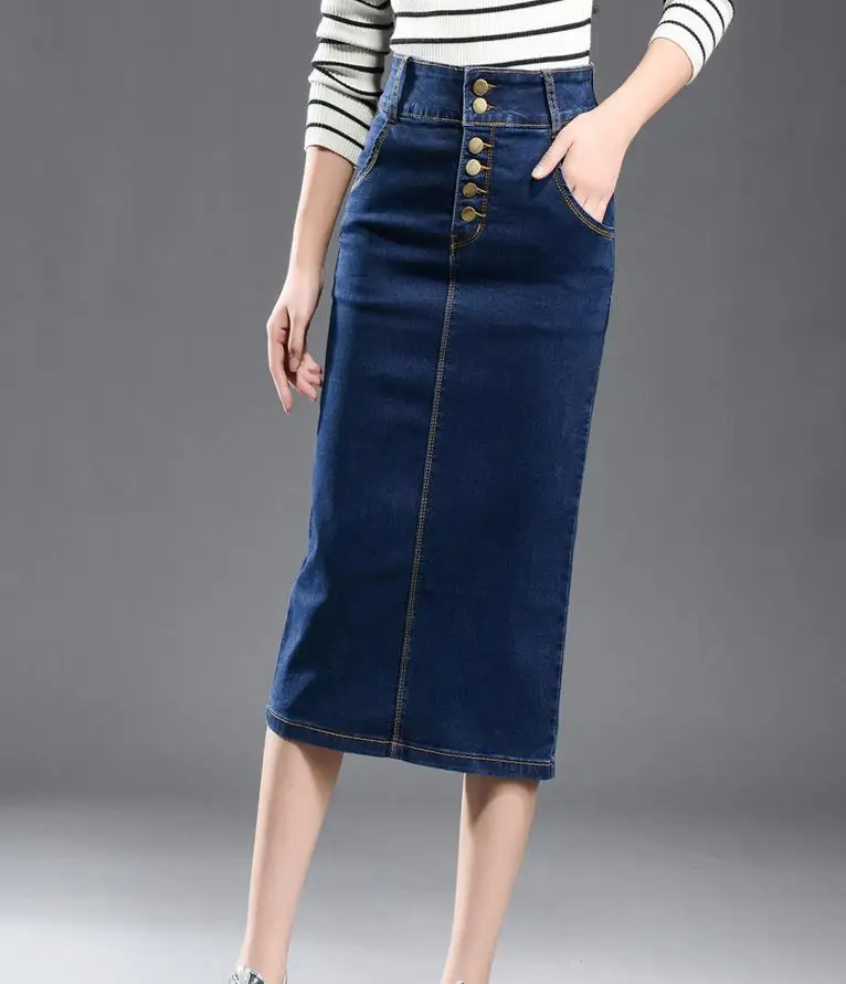 Женская новая джинсовая юбка большого размера, эластичная длинная юбка с высокой талией, юбка с разрезом, 7xl