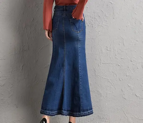 De Adelgaza Las Tyn0731 Mezcla Casual Imperio Mujeres Moda Vintage Botón Para Nueva Denim Primavera Trompeta Azul Faldas Otoño Algodón ZXUqnUgd