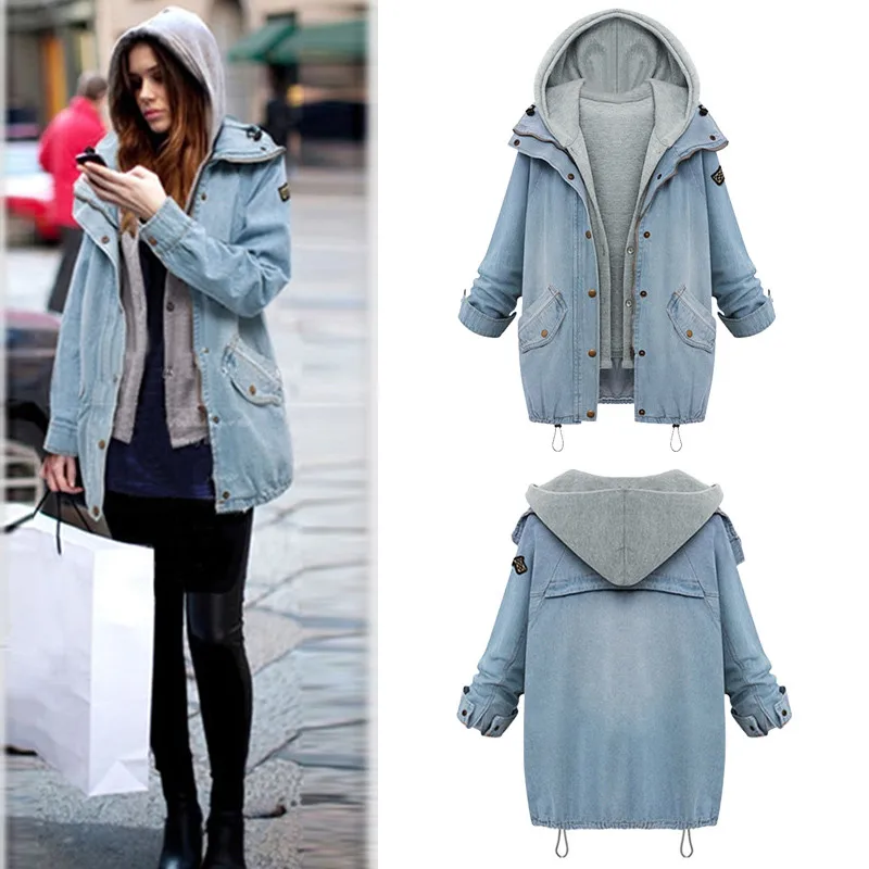  Drop Shipping Fashion Women 2 Two Piece Set Denim Jacket Hooded jacket Oversized Casual Basic Coats