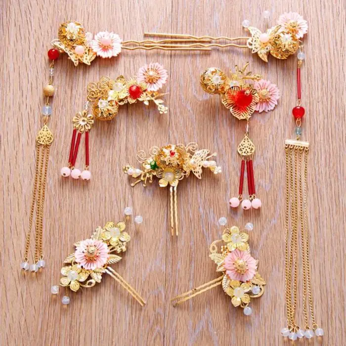 Chinese Gold Long Tassel Hair Stick Hairpins Phoenix Tiaras Earrings Handmade Flower Bridal Jewelry Sets Wedding Accessories LB