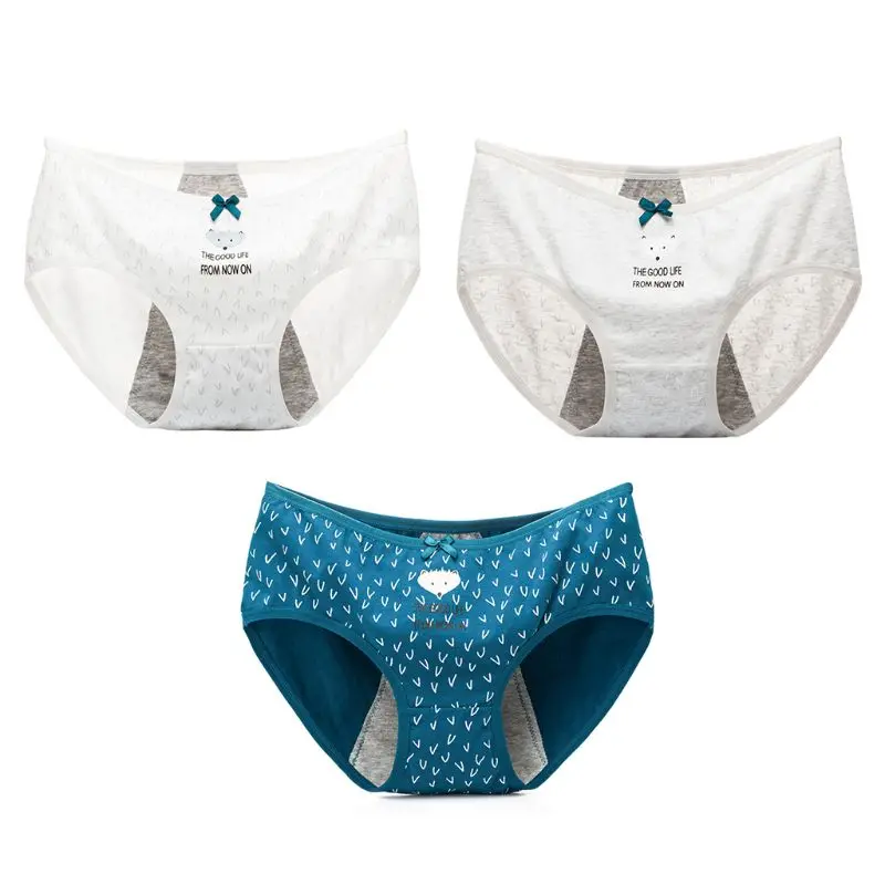 Women Teens Girls High Waist Cotton Menstrual Sanitary Underwear Cute Cartoon Animal Fox Printed Briefs Bowknot Decor Leakproof