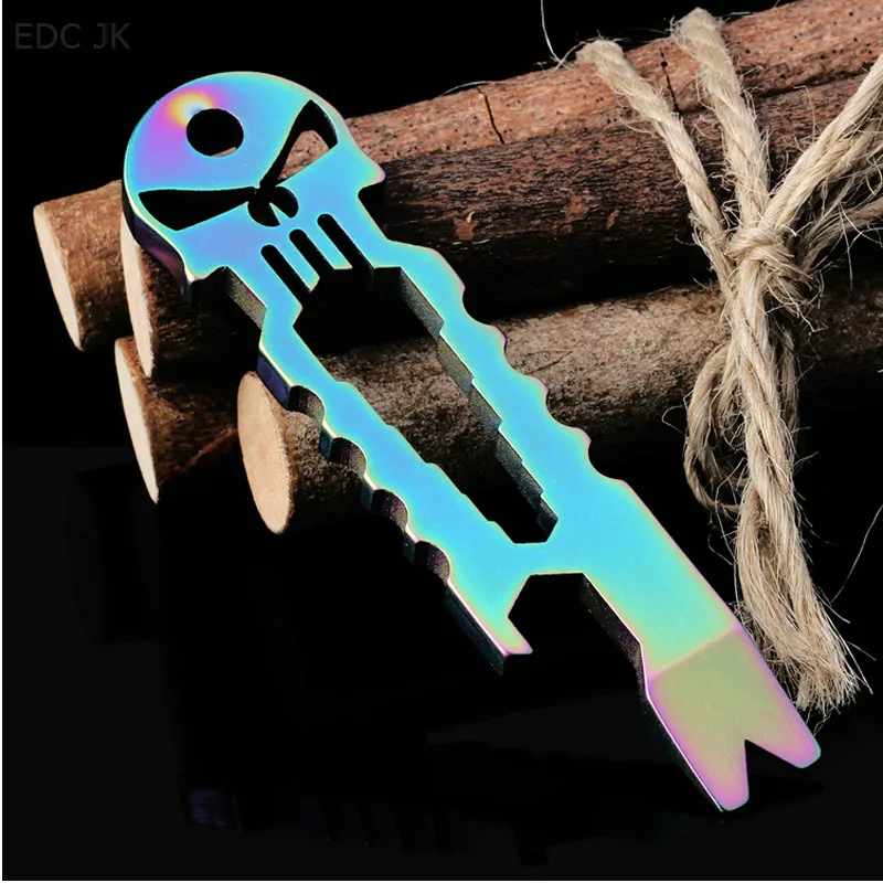 Amazing Outdoor Stainless Skull EDC Survival Pocket Tool Key Ring Chain Pry Bar Bottle Opener Mini