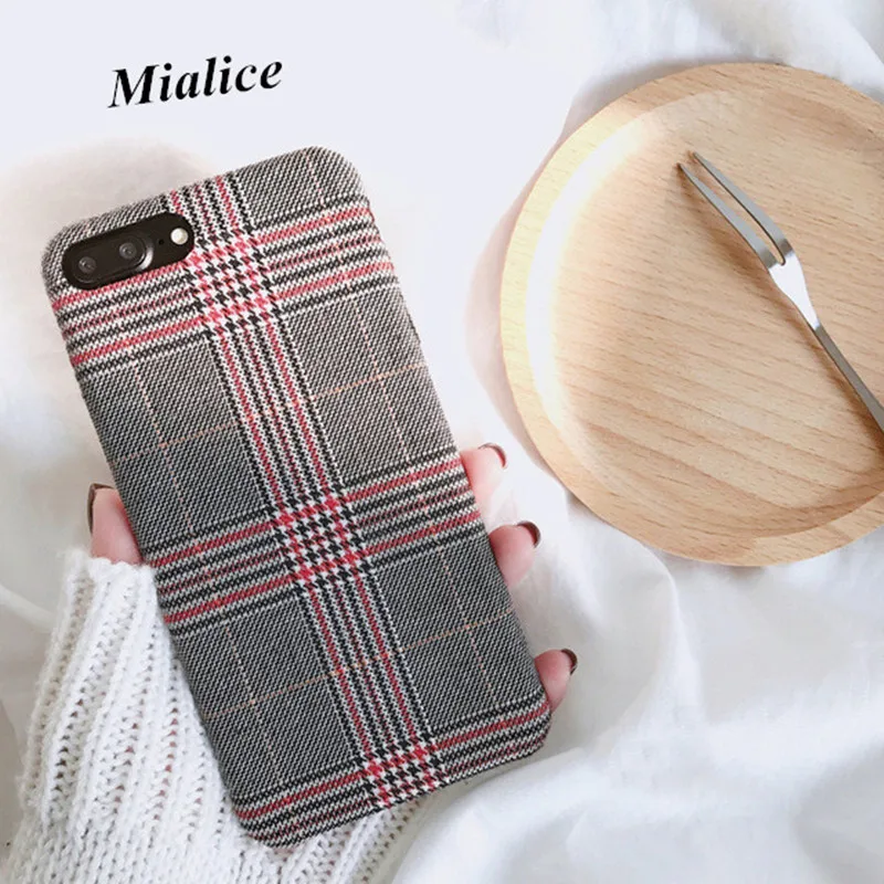 New Arrivals Lattice Pattern Retro Phone Case for iphone 6 6s 7 8 plus X Soft Fabric Checks Striped Couples Style C |