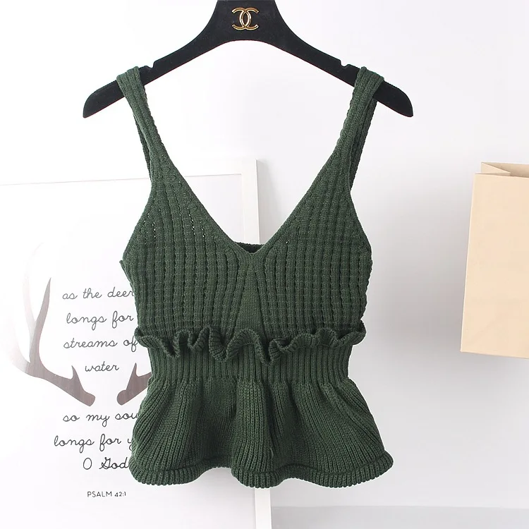 Army green Женский милый короткий дизайнерский Трикотажный Хлопковый топ на бретельках, уличный шик, повседневный вязаный свитер, Топ - Цвет: Army green