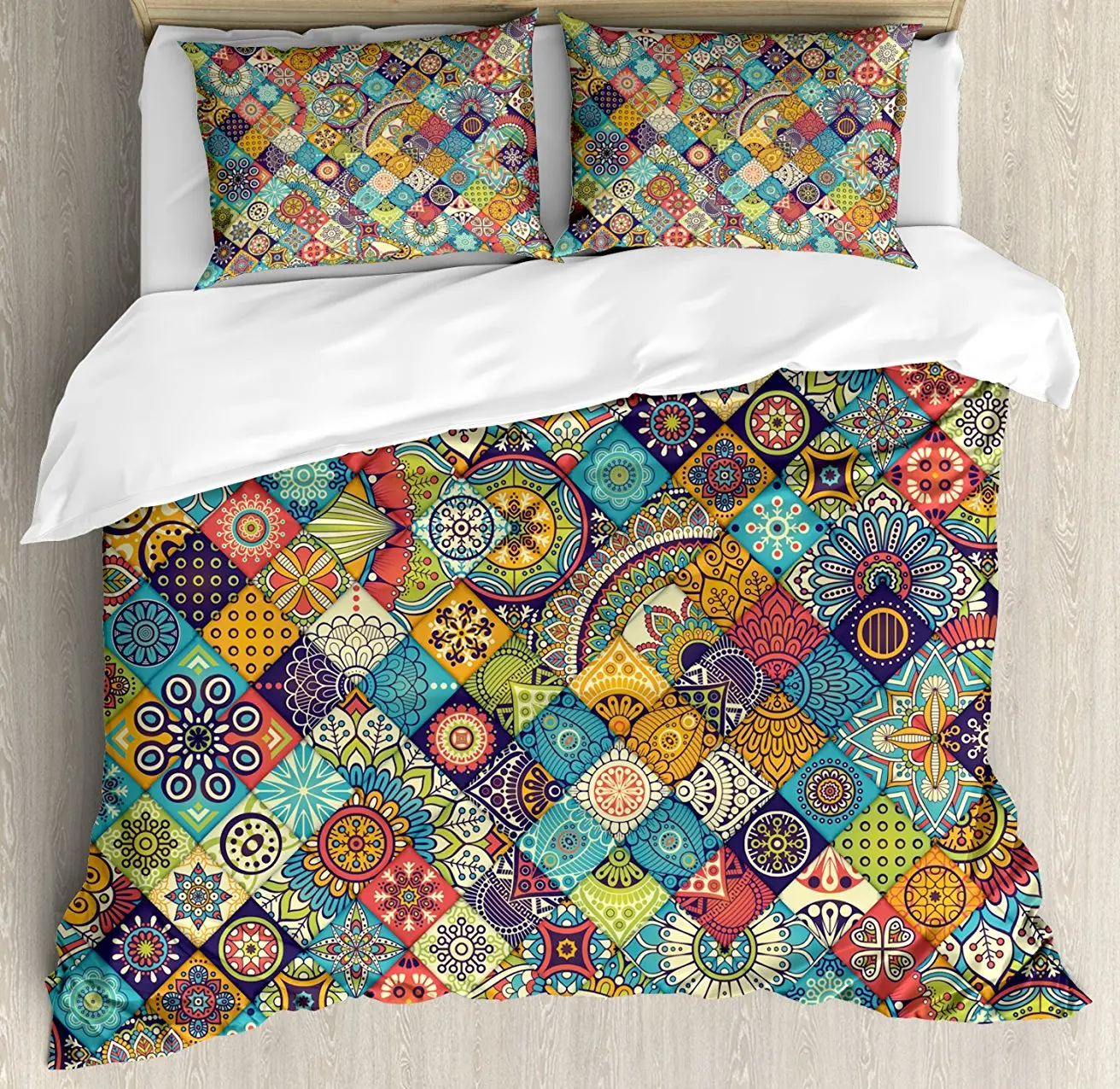 Bohemian Duvet Cover Set Checkered Pattern with Ethnic Ornamental