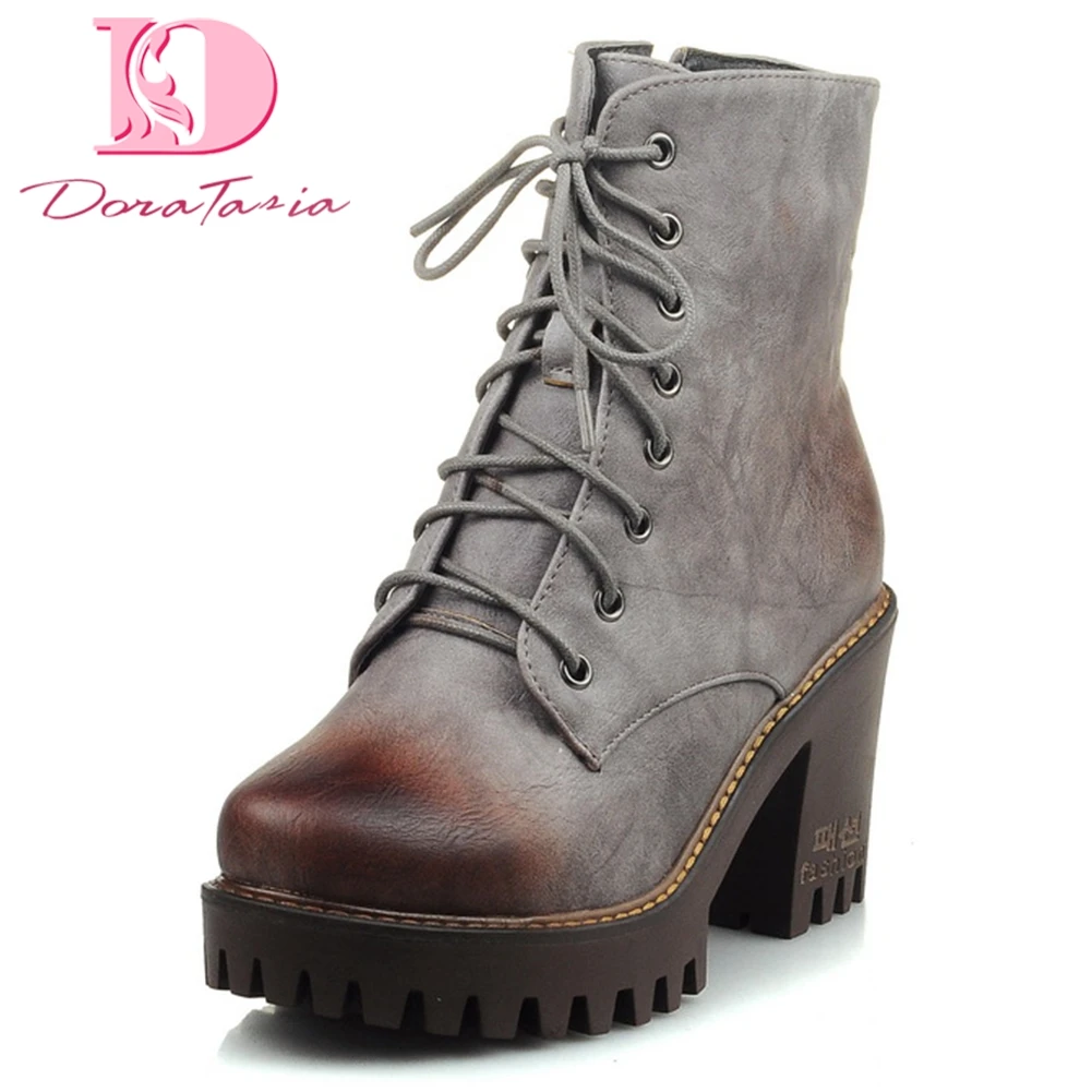

Doratasia Retro Square Heels Motorcycle Boots Women Platform High Heels Lace Up Ankle Boots Women Shoes Woman Big Size 32-43