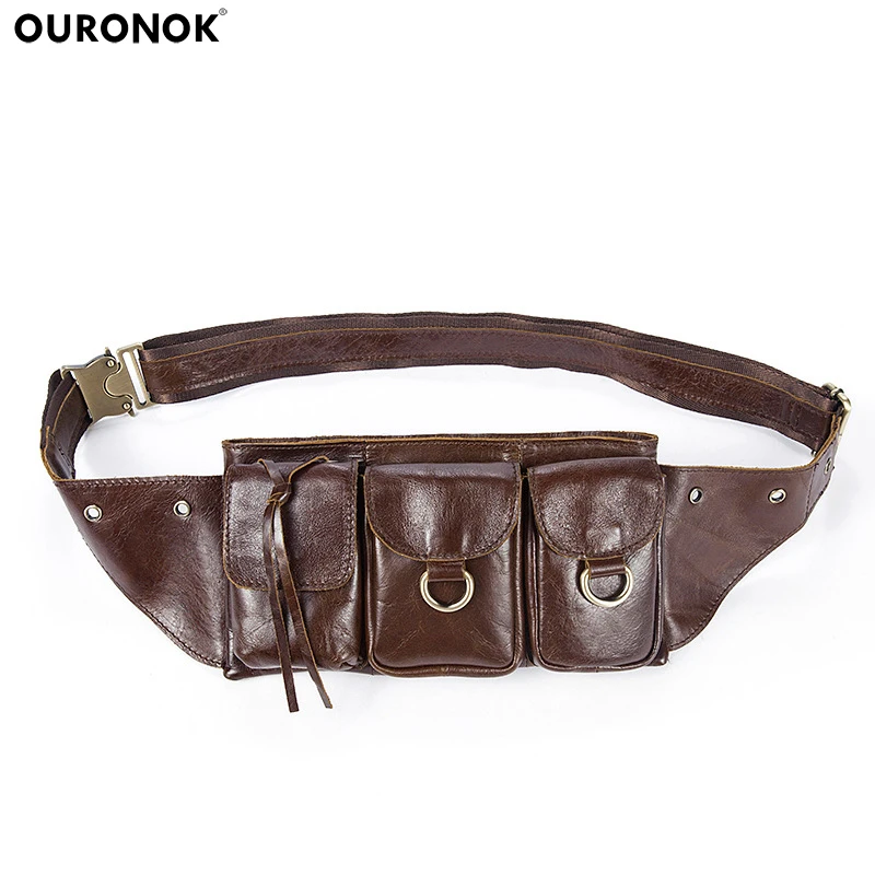 

OURONOK Real Leather Men's bag multi-function Retro Casual Men's pockets large capacity cashier bag shoulder Messenger Waist bag