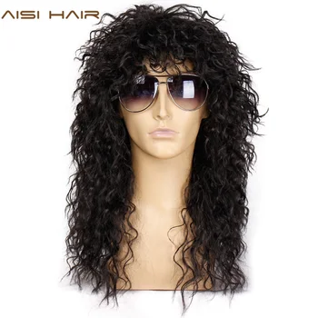 

AISI HAIR Long Natural Black Curly wigs With Bang 20 Inches Synthetic Wigs for Black Man/Women Heat Resistant