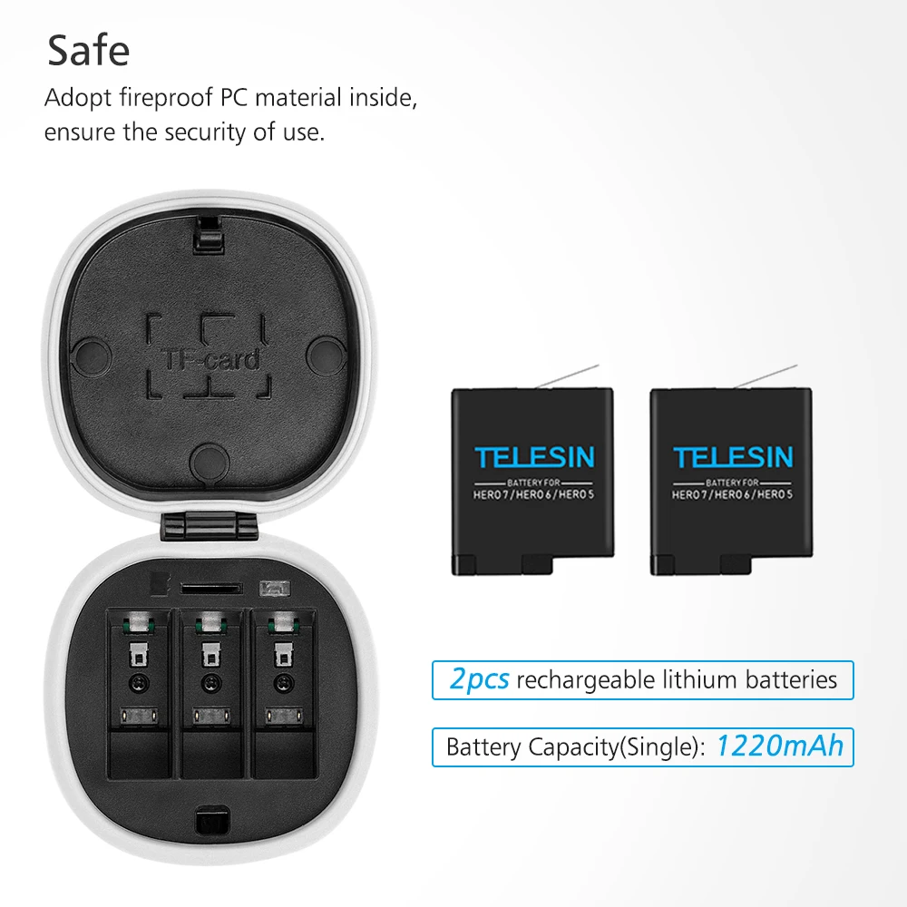 Телесин ALLIN коробка 3 слота Батарея Зарядное устройство футляр для хранения с функцией зарядного устройства для считывания с tf-карт чехол для Gopro hero 5/6/7 черный аксессуары