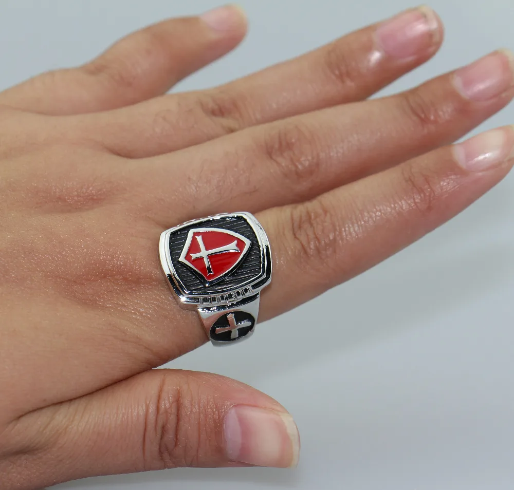 Red Black Enamel Ring Gamer Knights Templar Silver Wedding Band Ring Stainless Steel Cross Couple Rings Men Fashion Jewelry Gift
