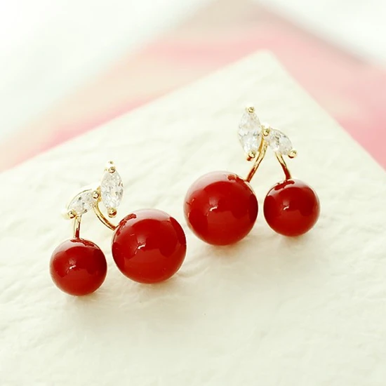 

Hot Sale High Quality Cute Round Ball Red Cherry White Crystal Zircon Leaves Stud Earrings Women Jewelry Bijoux Brinco Oorbellen