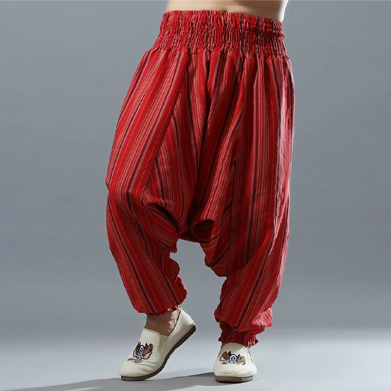 Red Striped Cotton Linen Mens Elastic Waist Harem Wide Leg Aladdin ...