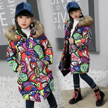 

Winter Children's Clothing Kids Down Cotton Outerwear Floral Print Girls Cotton-padded Coat Down Jacket Medium-Long TZ299