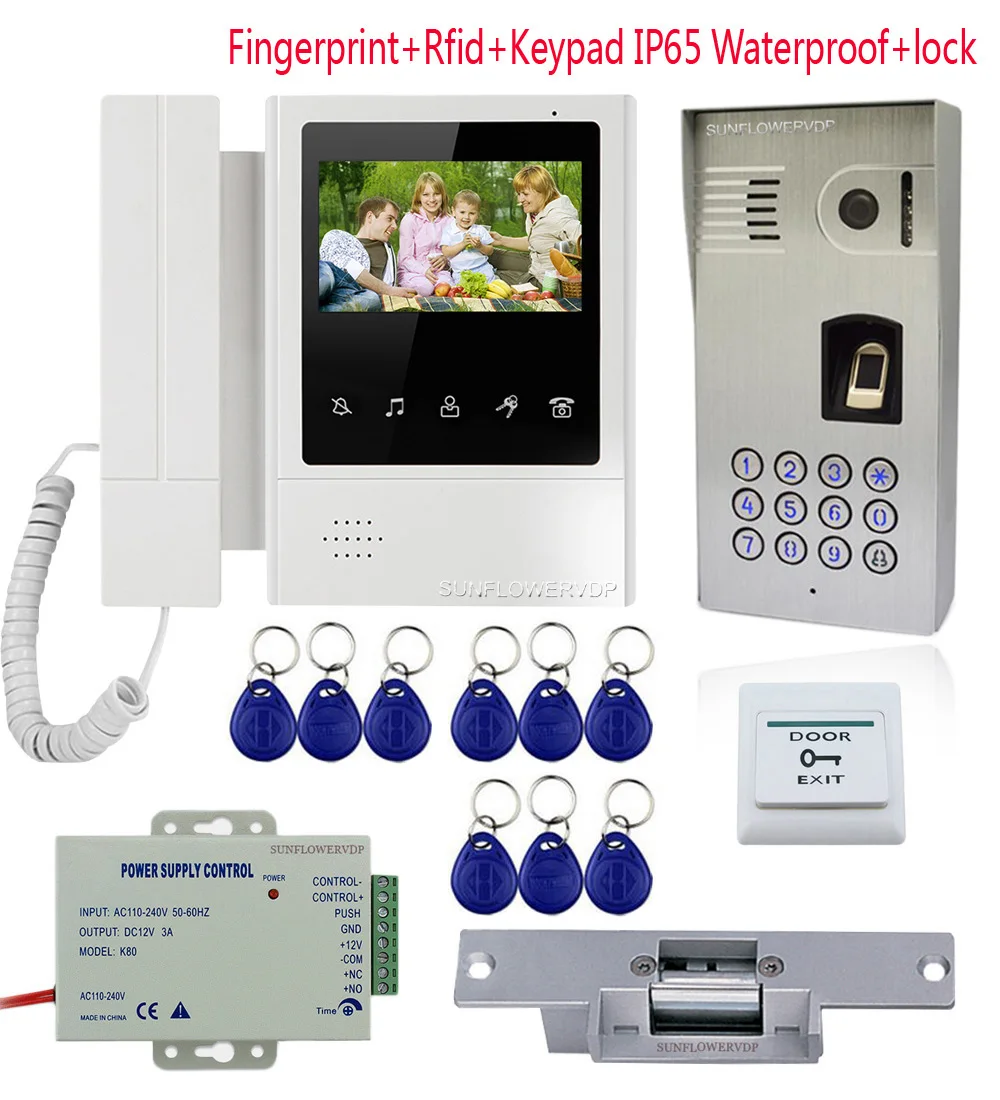 

Fingerprint Intercom With A Camera IP65 Waterproof Rfid Card Videophone Wired Portal 4.3"Color Monitor Handle&Hands-free+Lock