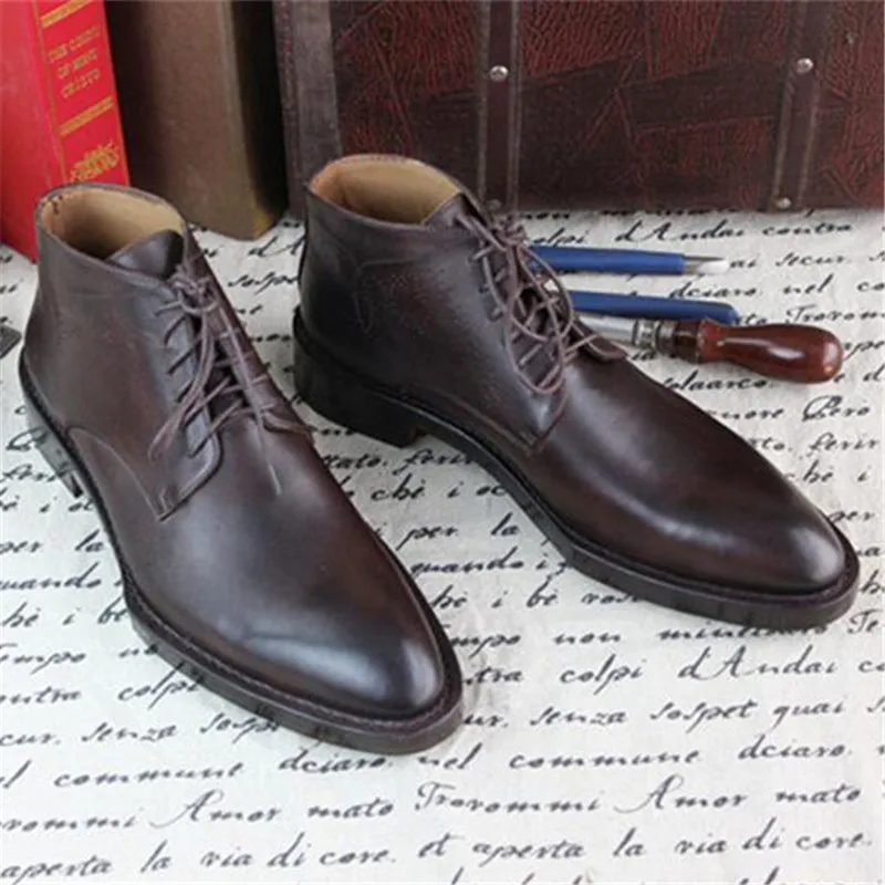 Welted Goodyear Marrón Retro Bespoke Grande Maloneda A Tamaño Cortas Caballero Cuero Botas Mano De Moda Botines Genuino Hecho xg0wnnf8q