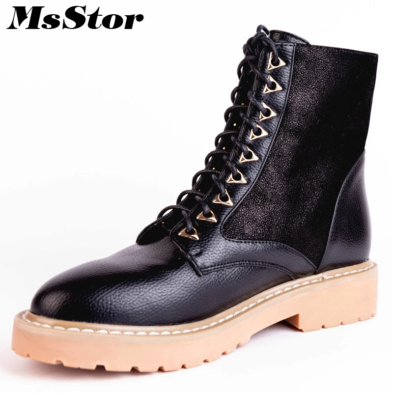 

MsStor Round Toe Low Heel Women Boots Fashion Cross Tied Ankle Boots Women Winter Shoes Square heel Lace Up Black Boots For Girl