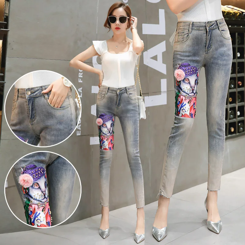 

Women Boyfriend Jeans Plus Size Ripped Jeans For Woman Fashion Denim Pants Ankle Slim Cartoon Print Jean C480
