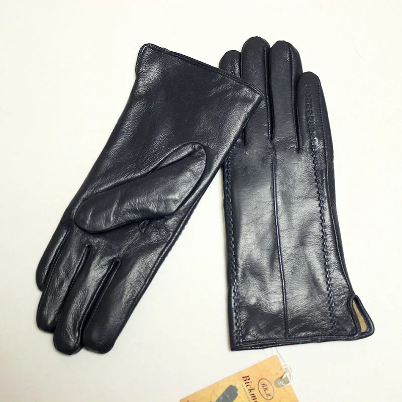 Кожаные женские перчатки с геометрическим узором; стильные бархатные перчатки с подкладкой; сезон осень-зима; теплые женские перчатки из овечьей кожи - Цвет: Тёмно-синий