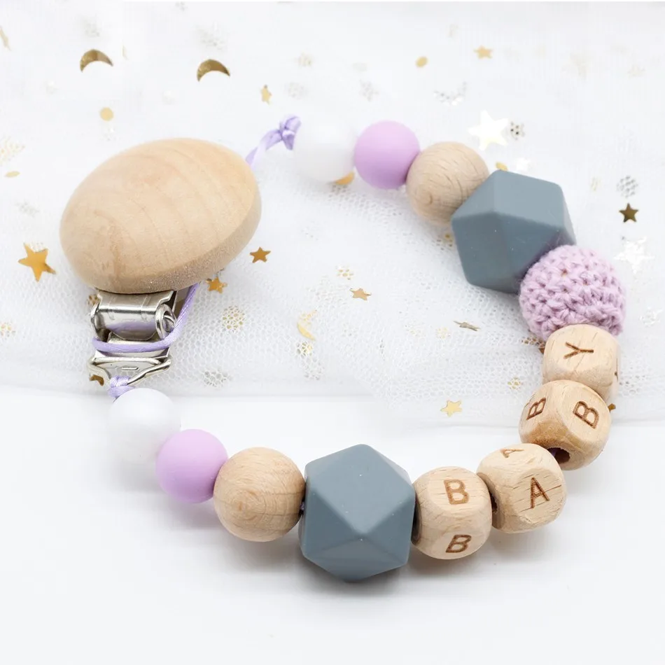 Dummy clip pacifier chain holder wood silicone bpa free baby newborn gift custom personalized name personalised beads beech