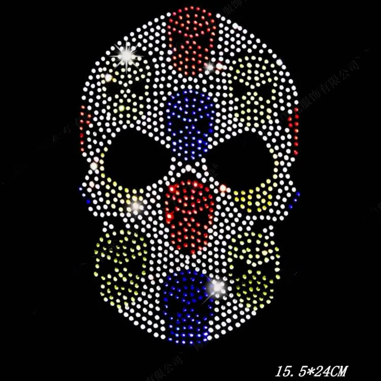 

2pc/lot Colorful Skull hot fix rhinestone transfer motifs iron on crystal transfers design strass iron patches for shirt