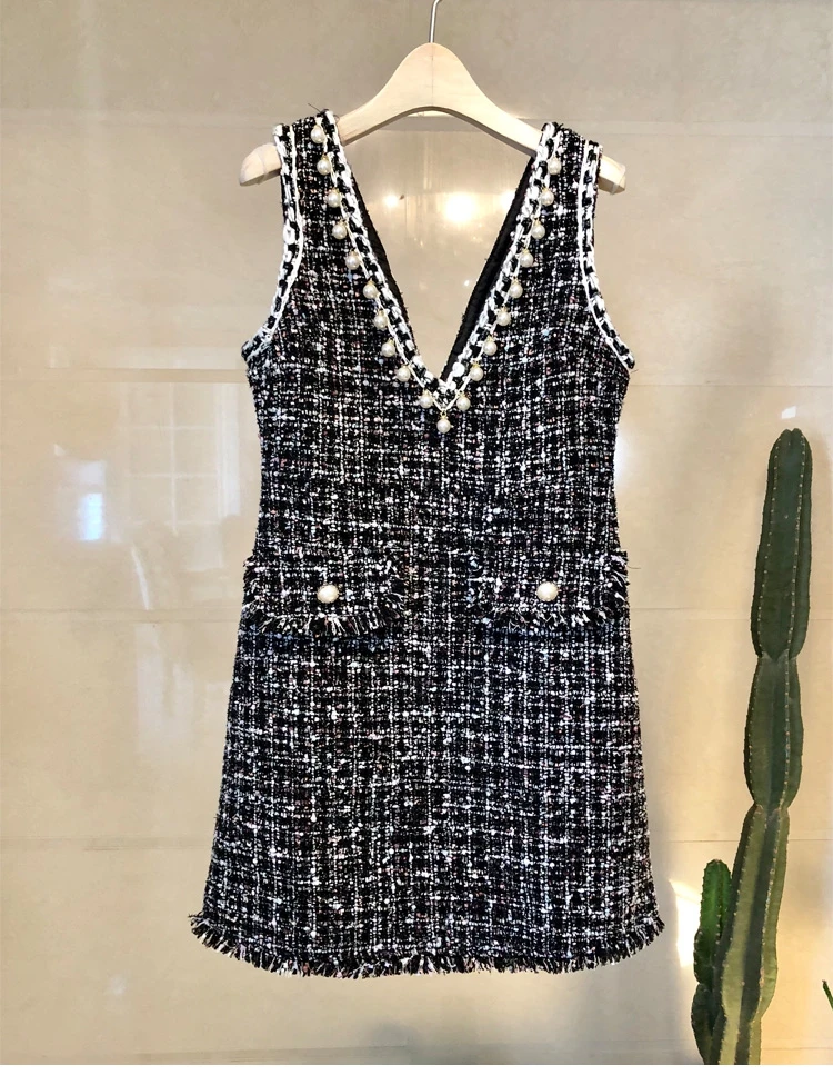 Aihuyigui весеннее Новое приталенное платье-жилет с рукавами и v-образным вырезом твидовое прямое клетчатое платье с жемчужинами и кисточками DR242 - Цвет: Черный
