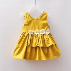 Новая Одежда для маленьких девочек платье Повседневное твердых патч корейские летние хлопковые милые довольно цветок Костюмы Для детей