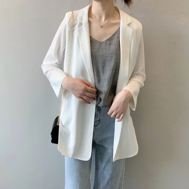 

2019 Summer Korean version Women's Chiffon Suit jacket Casual Female Loose White and Black elegant Blazer Female Tops