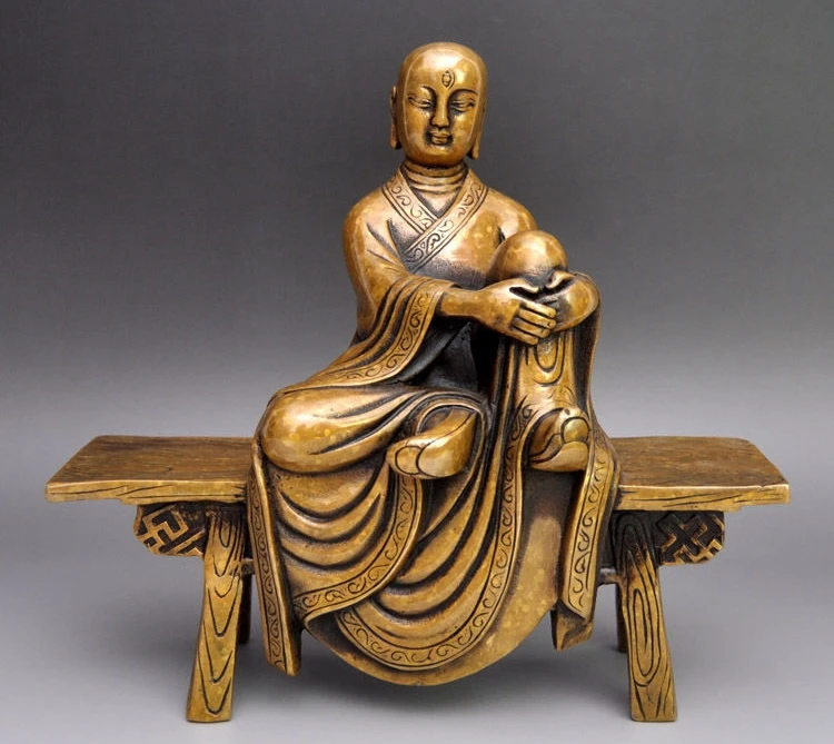 

8"Tibet Bronze Kshitigarbha Sit wooden stool Comfortable arhat Buddha Statue a 0518