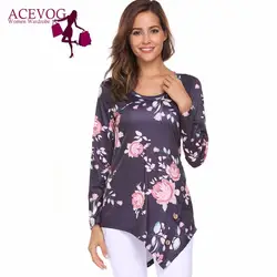 ACEVOG цветочный принт женские футболки длинный платок с рукавами асимметричный подол весна осень Кнопка Тонкий Повседневный женский жакет