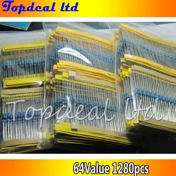 

1/4W Metal Film Resistors Assorted kit 64 Values (1 ohm~ 10M ohm) 1% 1280pcs for led bulb lamp chip