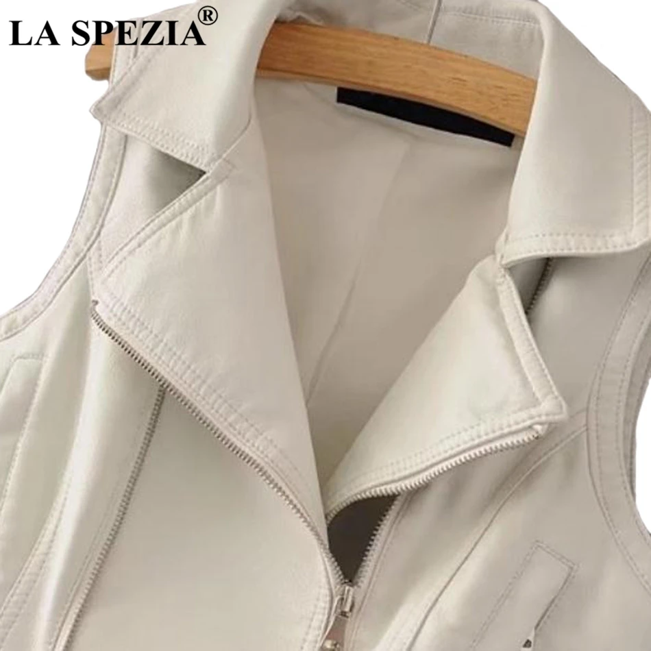 LA SPEZIA Black Waistcoat Women Biker Punk Vest Female Zipper Pockets Faux Leather Slim Fit Motorcycle Autumn Sleeveless Jacket