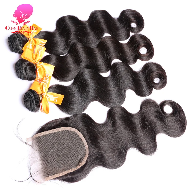 

QUEEN BEAUTY Natural Color Remy Human Hair Weave Bundle Deals Body Wave Malaysian Hair 3 Bundles with Closure Free/Middile Part